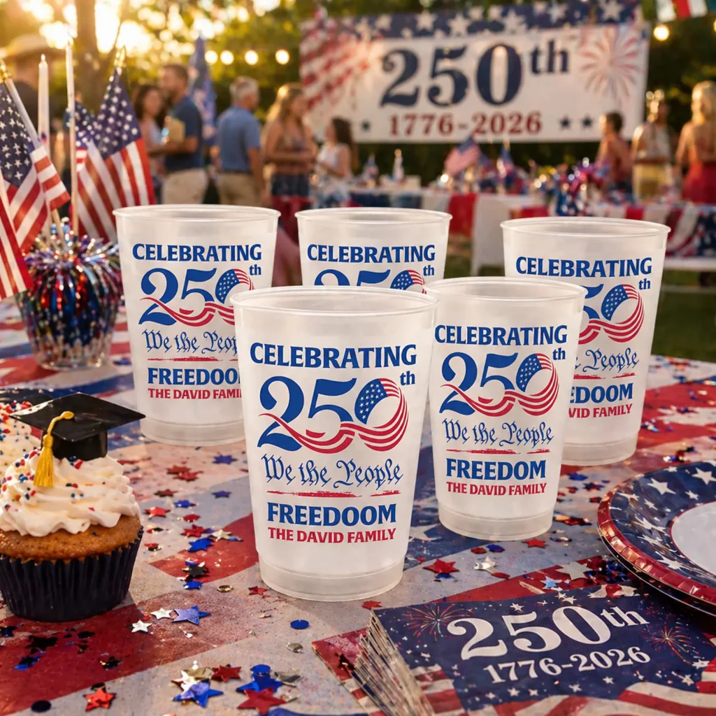 Personalized frosted plastic cups celebrating America's 250th anniversary with patriotic red white and blue design at an outdoor party, festive 4th of July party favors.