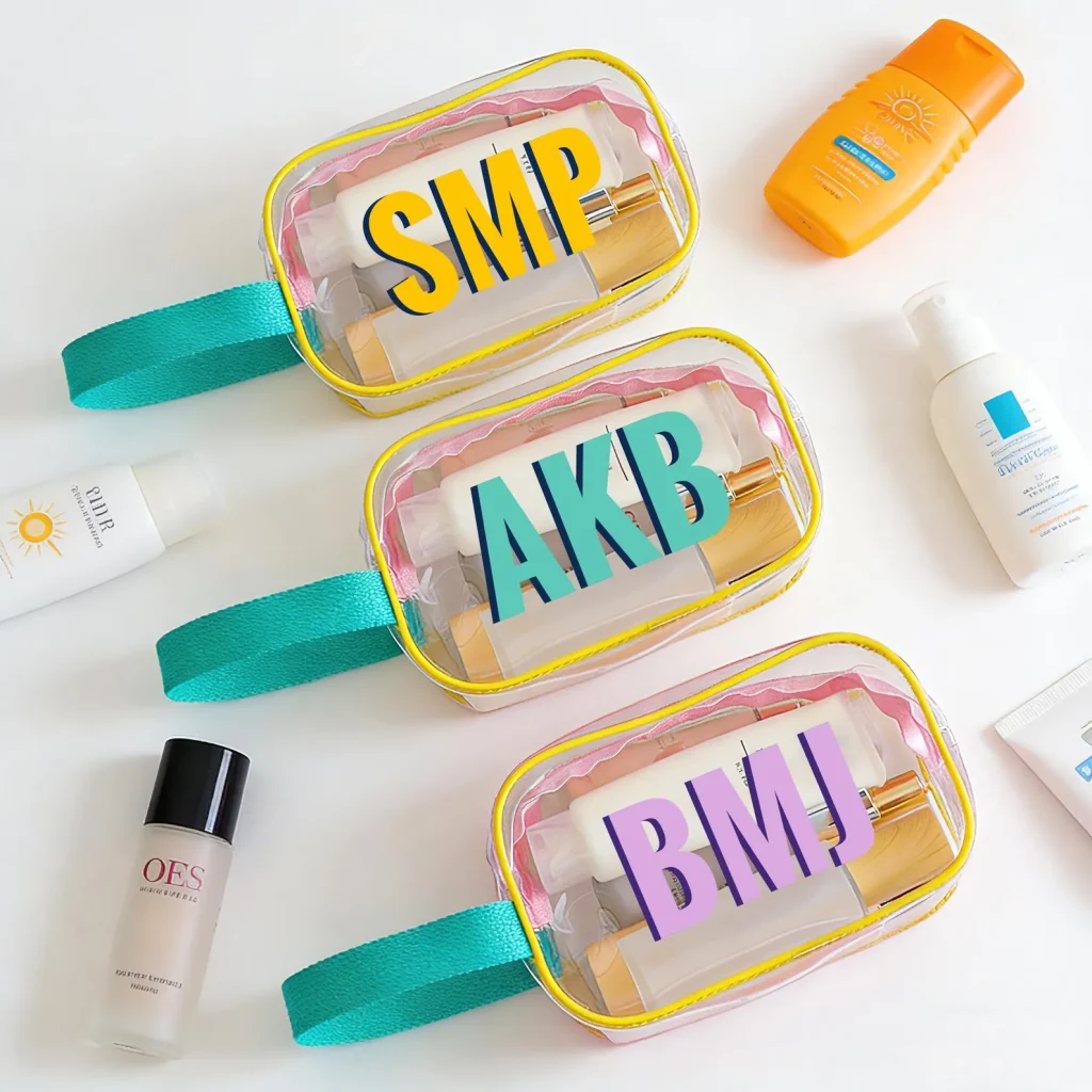 Three clear PVC monogrammed cosmetic pouches with colorful initials and teal handles displayed with sunscreen bottles, practical pool party favors.