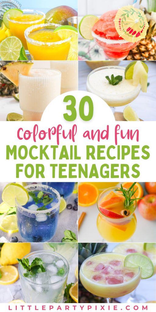 Colorful teen mocktail drinks collection featuring tropical fruits, fresh citrus garnishes, mint leaves, and vibrant beverages in various glasses with salted rims.