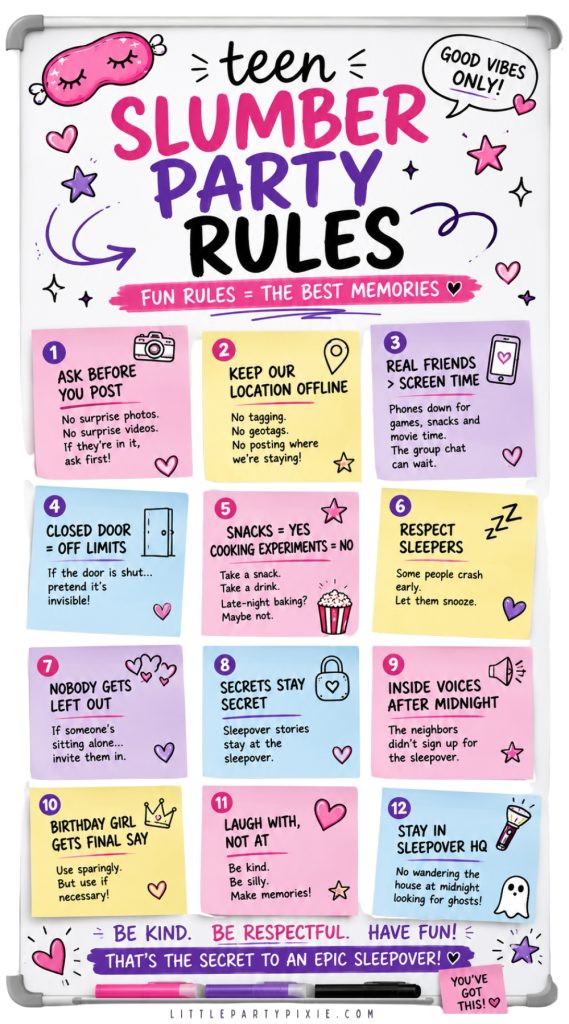 List of teen slumber party rules in a post it notes stuck to a whiteboard format