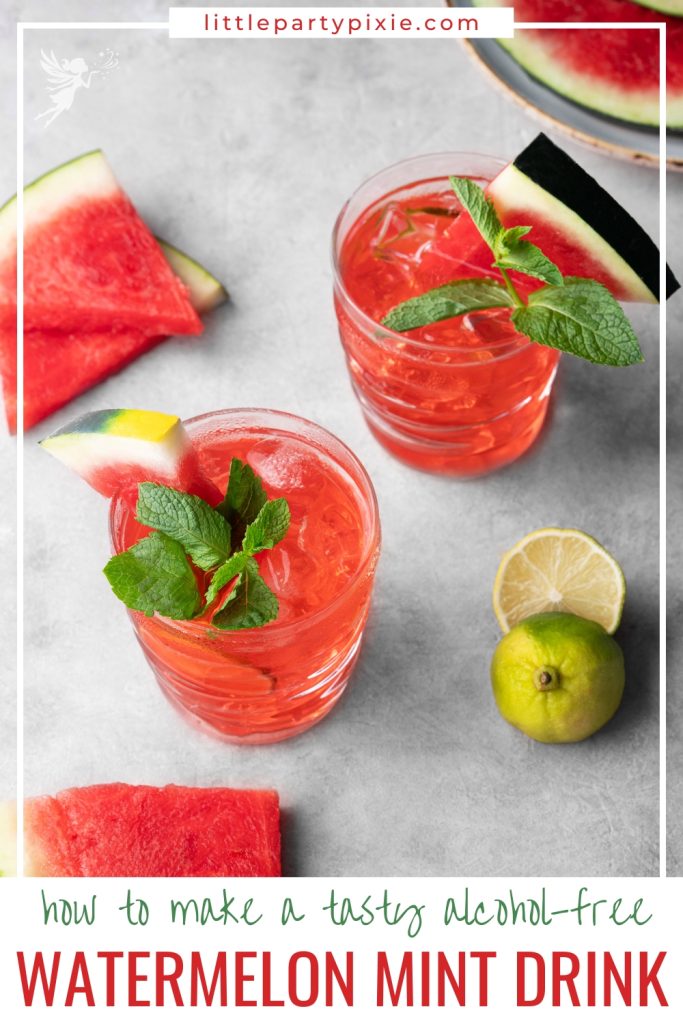 overlay view of glasses watermelon drink with sprigs of mint and limes