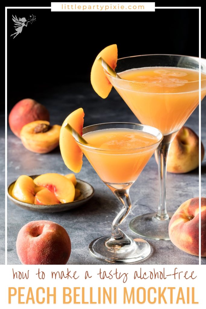two glasses of peach bellini in fun cocktail glasses one with jagged stem. text overlay how to make a tasty non-alcoholic peach bellini