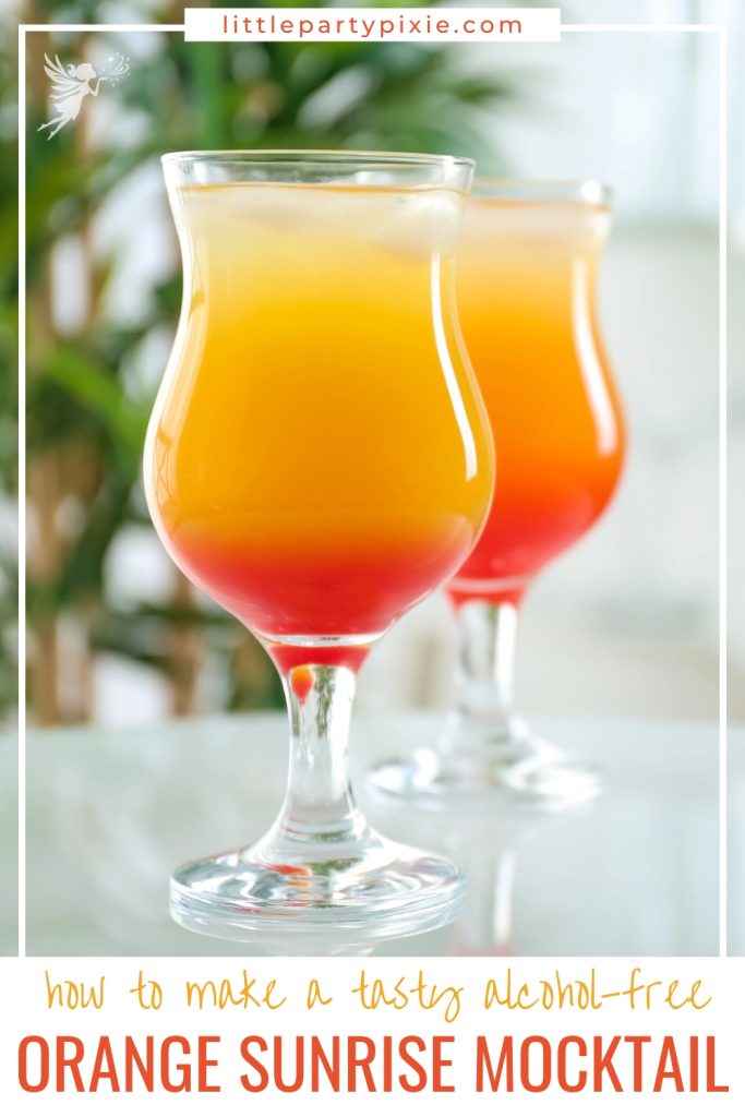 Layered orange juice drinks with grenadine base in highball glasses. Text overlay how to make a tasty alcohol-free orange sunrise mocktail