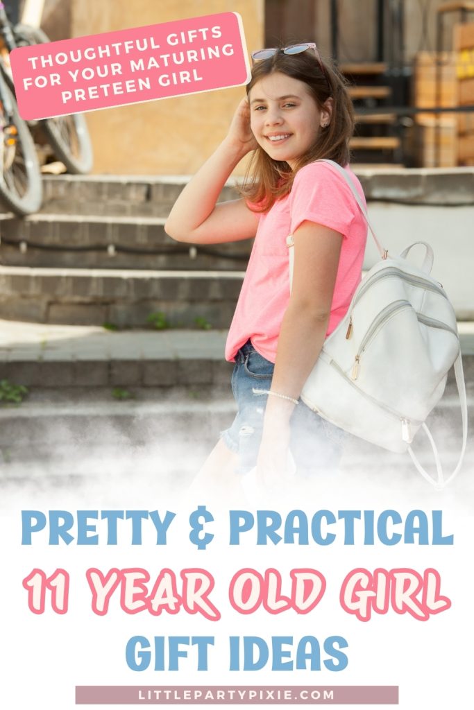gril with trendy backpack smiling, text overlay pretty and practical 11 year old girl gift ideas