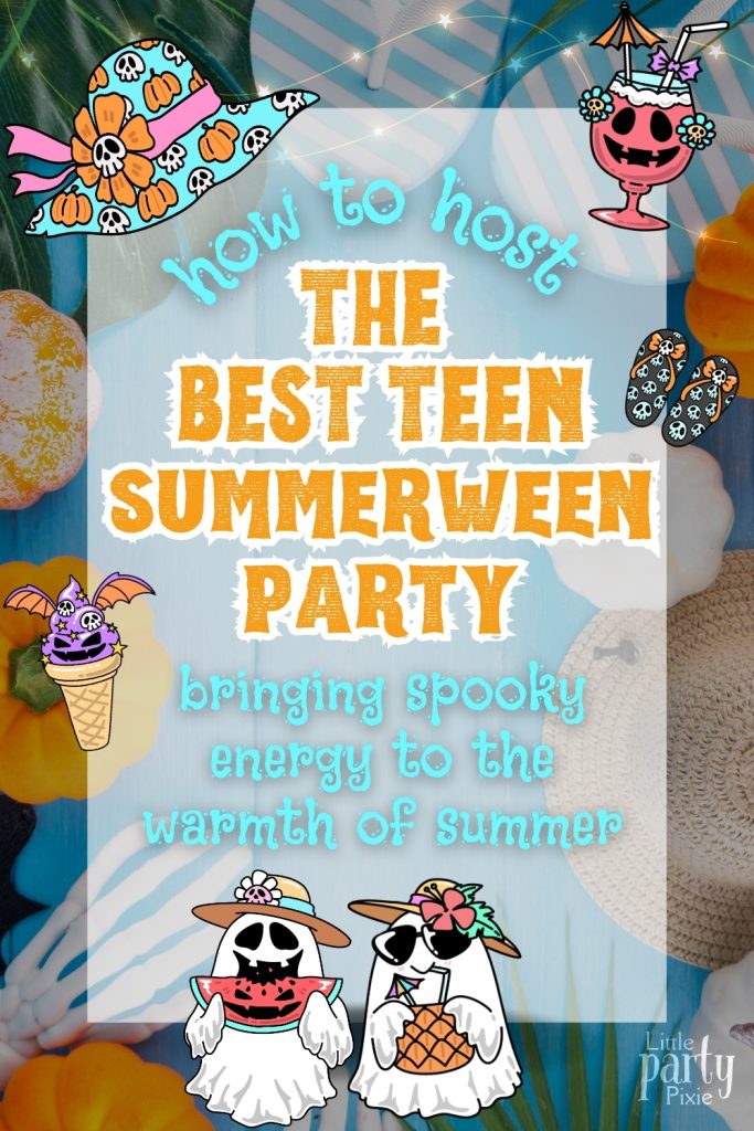 Summer halloween party background with text overlay 'hso to host the best teen summerween party' with cute summer ghosts and symbols for a summer halloween party