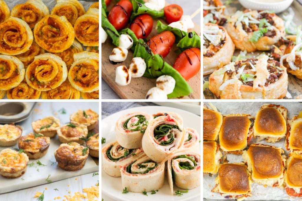 Beach day food ideas featuring golden puff pastry pinwheels, caprese skewers, savory tarts, mini quiches, tortilla wraps, and cheesy slider sandwiches perfect for outdoor gatherings.