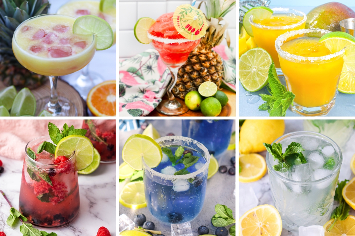 Six refreshing teen mocktail drinks showcasing tropical, berry, and citrus flavors garnished with lime slices, mint sprigs, and fresh fruit in decorative glasses.