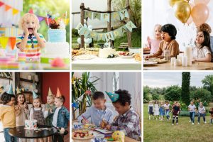 collage of images kids birthday parties with a gender neutral theme