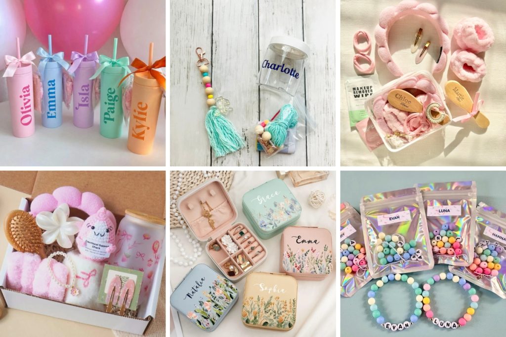 collage of pastel colord preteen girl goodie bag filler and favor ideas for tween birthday parties sourced from etsy