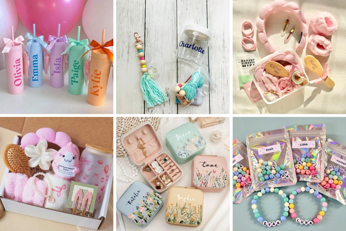 collage of pastel colord preteen girl goodie bag filler and favor ideas for tween birthday parties sourced from etsy