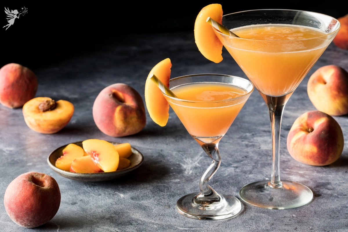 close up of two glasses of beach belini dark endch top background with peach slices scattered