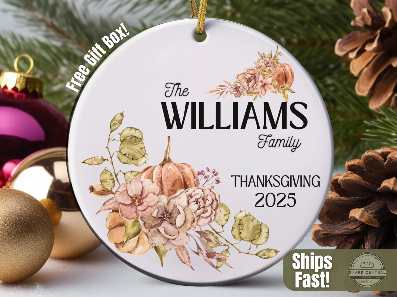 Personalized Thanksgiving ornament with floral pumpkin design, surrounded by holiday décor—a keepsake-style choice among Thanksgiving party favors.