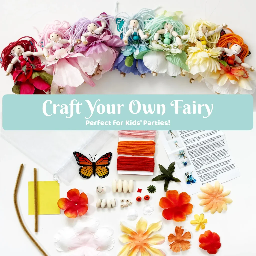 A craft your own fairy doll kit featuring wooden bead bodies colorful yarn hair and assorted silk flowers and butterfly embellishments makes a fun and interactive activity as fairy party favors for kids