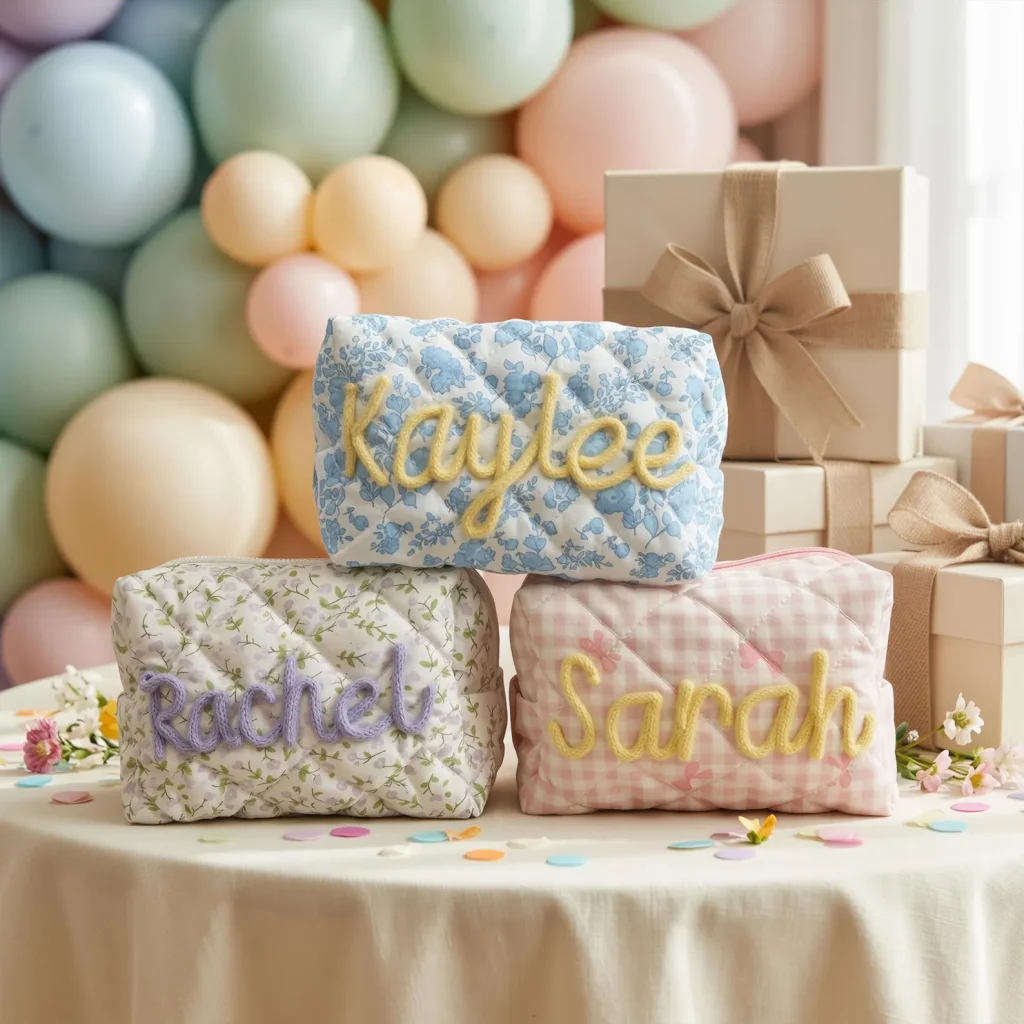 Three personalized quilted floral pouches in blue, green, and pink gingham with chunky yarn name embroidery — beautifully keepsake-worthy tween girl party favors.