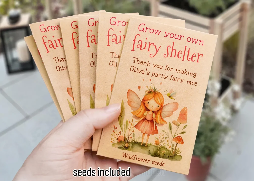 A hand holding five kraft paper wildflower seed packets featuring a watercolor illustrated fairy girl surrounded by mushrooms and flowers makes thoughtful and eco friendly fairy party favors for kids
