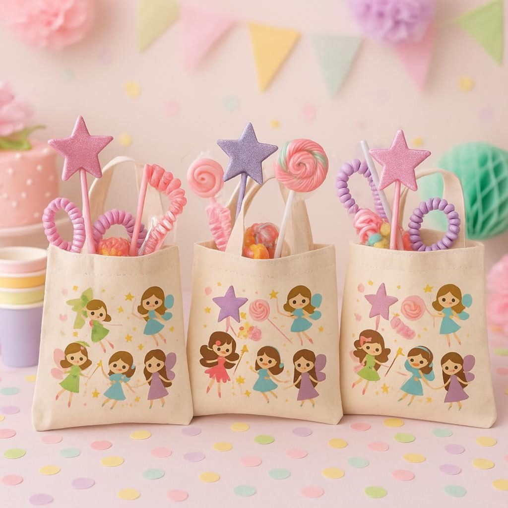 Three small canvas tote bags printed with colorful fairy illustrations filled with glitter star wands lollipops and coil hair ties make adorable fairy party favors for a girls birthday party