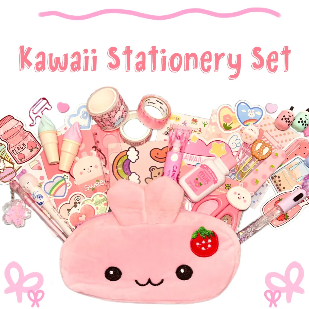 Overflowing pink bunny pencil case kawaii stationery set featuring washi tape, stickers, scissors, pens, and cute accessories — an irresistibly adorable choice for tween girl party favors.