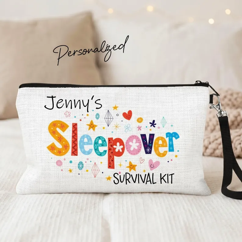 sleepover pouch faux burlap polyester with text jennys sleepover survival kit etsy