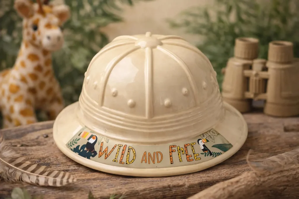 Safari animals party favor ideas showcasing a cream plastic pith helmet decorated with "Wild and Free" text and tropical toucan illustrations.