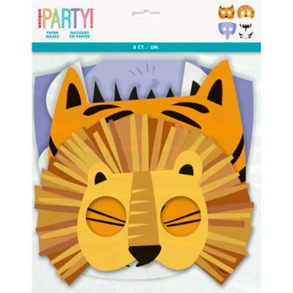 Safari animals party favor ideas including an 8-count pack of paper face masks featuring lion, tiger, elephant, and zebra designs for kids.