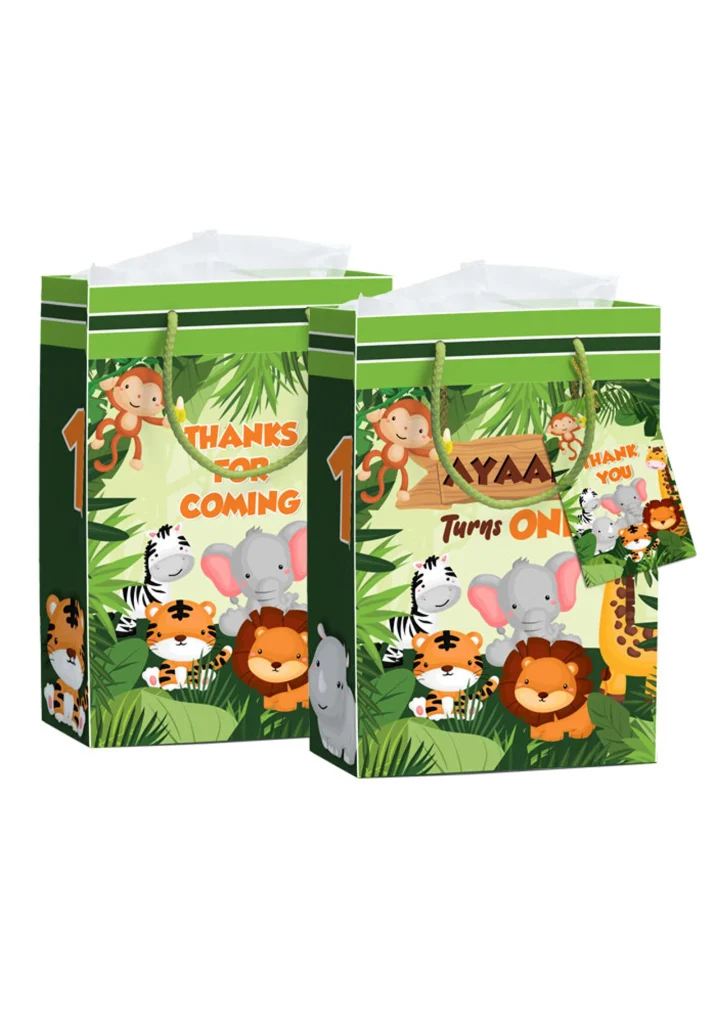 Safari animals party favor ideas including green paper gift bags printed with jungle animals and personalized "Thanks for Coming" and "Turns One" birthday messages.