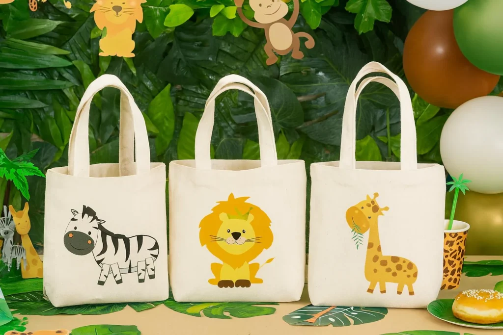 Safari animals party favor ideas showcasing three natural canvas tote bags printed with colorful cartoon zebra, lion, and giraffe designs against a jungle backdrop.
