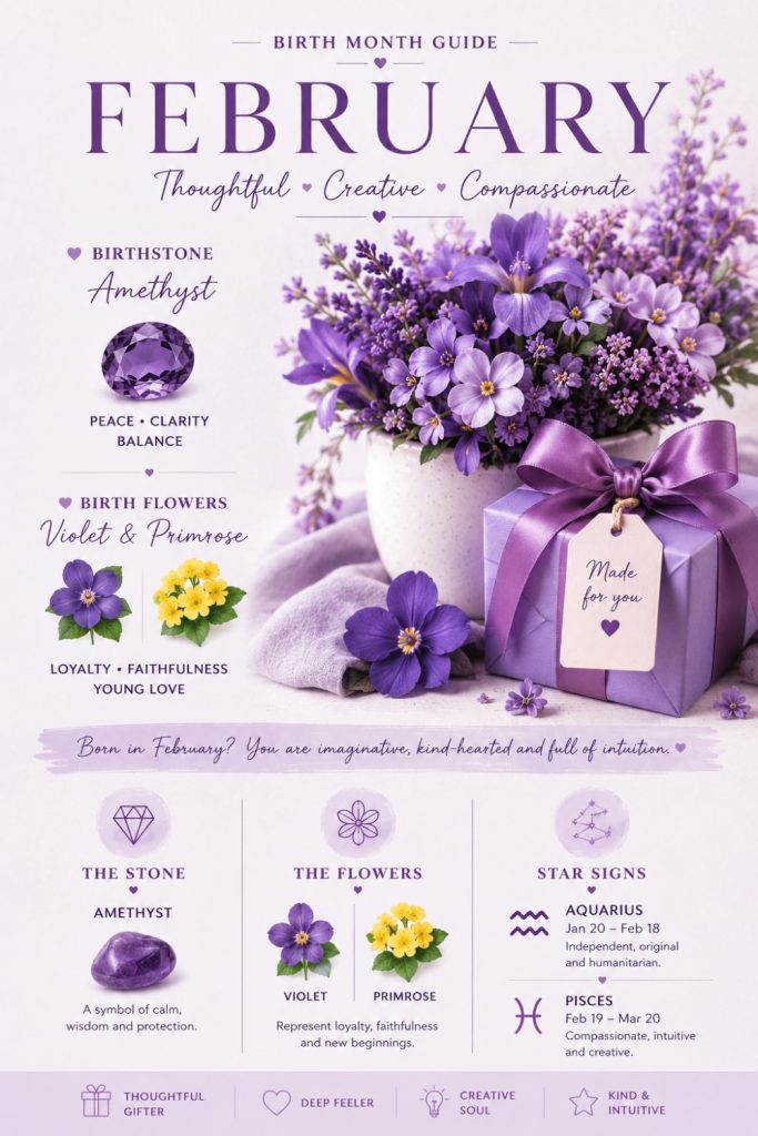 a display of purple flowers and a gift for February birthday ideas explaining the birth stone and birth flowers, zodiac signs and personality traits of those born in February