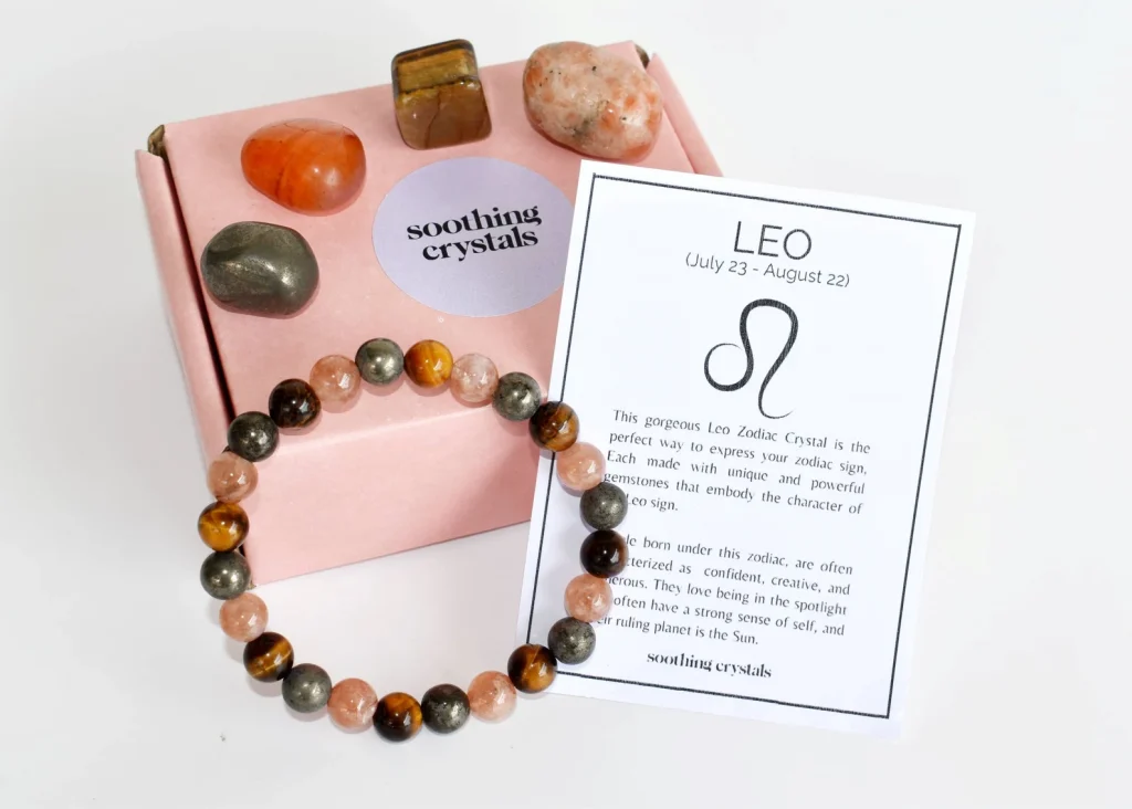 Leo zodiac crystal set with a tiger's eye and sunstone beaded bracelet, tumbled gemstones and a zodiac info card, a wonderful July birthday gift idea.