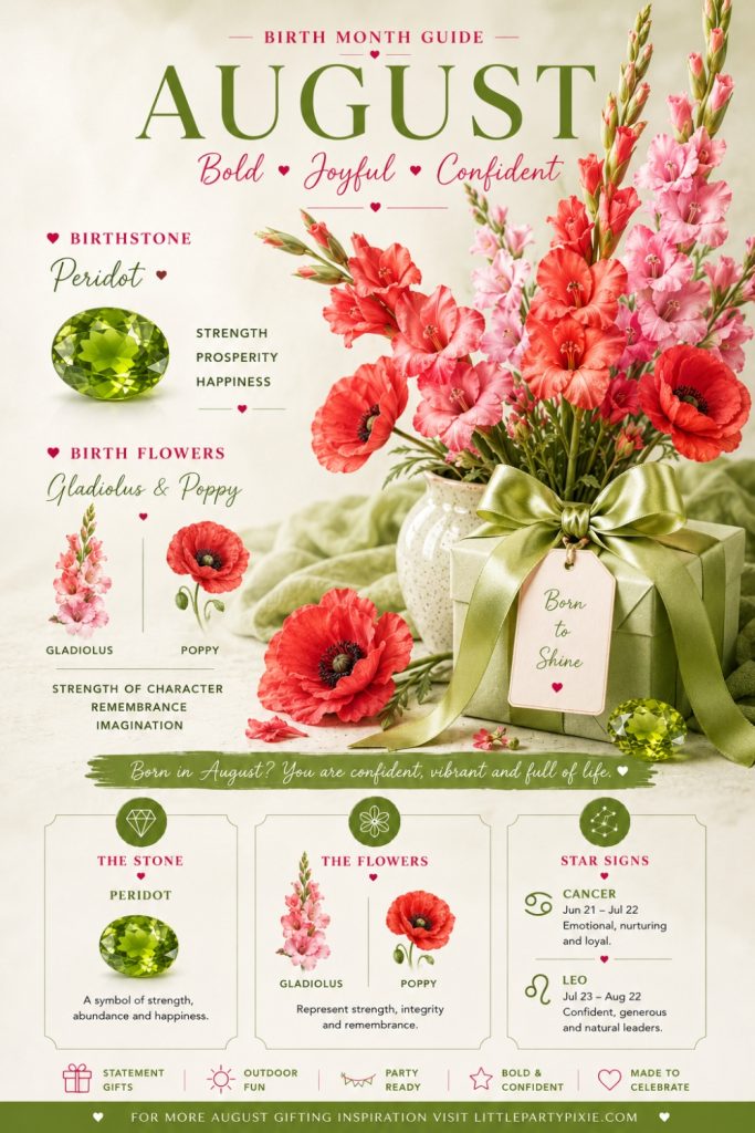 August birth month guide infographic featuring peridot birthstone, gladiolus and poppy birth flowers, Leo and Virgo star signs, perfect for finding thoughtful August birthday gift ideas.