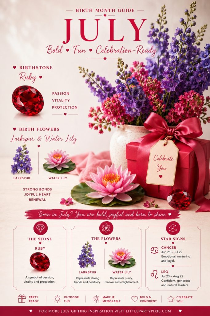 July birth month guide infographic featuring ruby birthstone, larkspur and water lily birth flowers, Cancer and Leo star signs, perfect for finding thoughtful July birthday gift ideas.