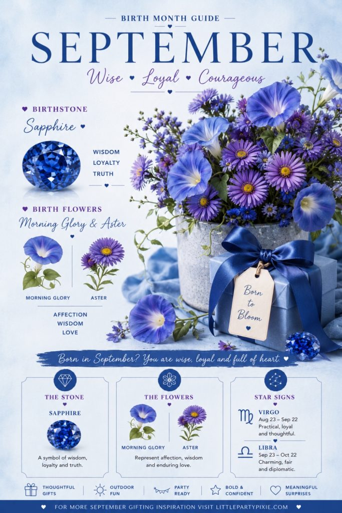 Infographic on September birthdays with birth stone and birth flower information with star signs