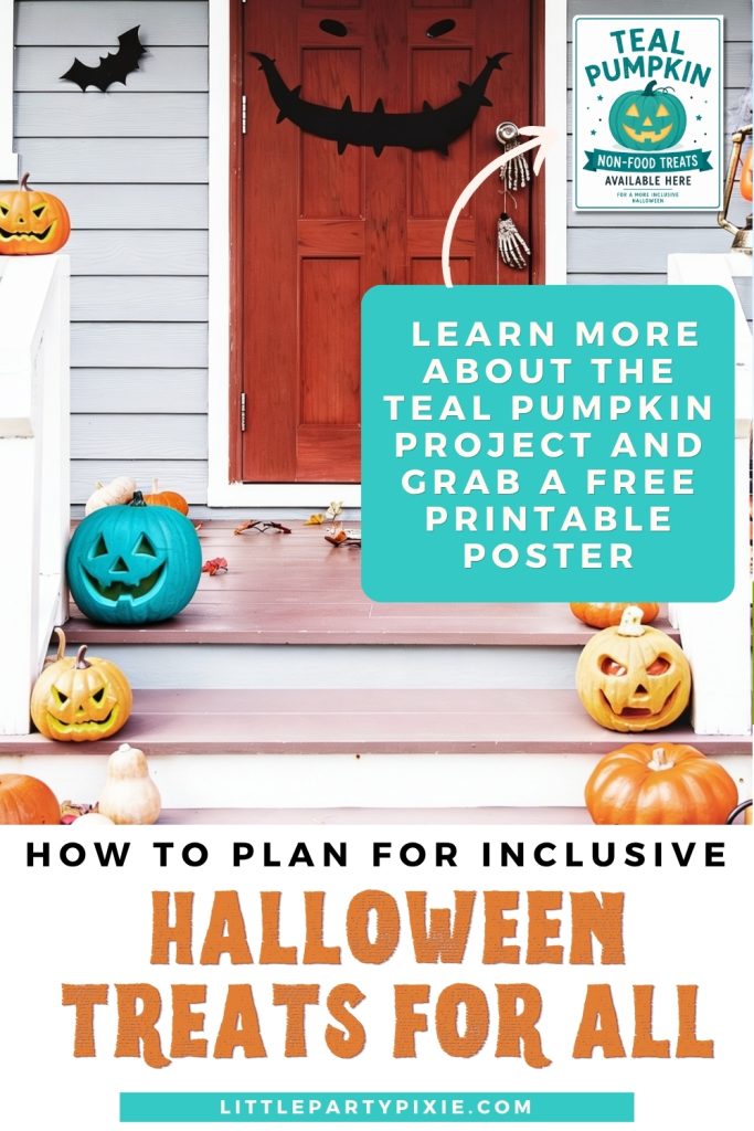 A front porch on halloween with a teal pumpkin and a teal pupkin sign for non-candy treats that readers can download for free printable