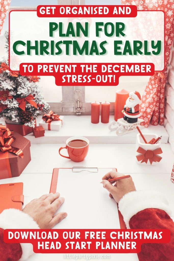Plan for Christmas Early santas hands with a clipbaord and red christmas accents