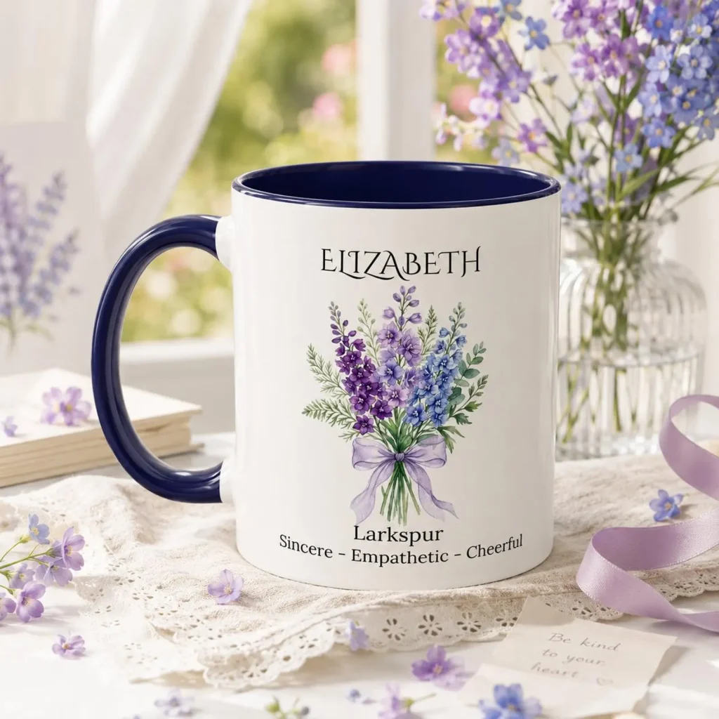 A personalized navy and white ceramic mug printed with a watercolour larkspur bouquet and a custom name, a charming July birthday gift idea.