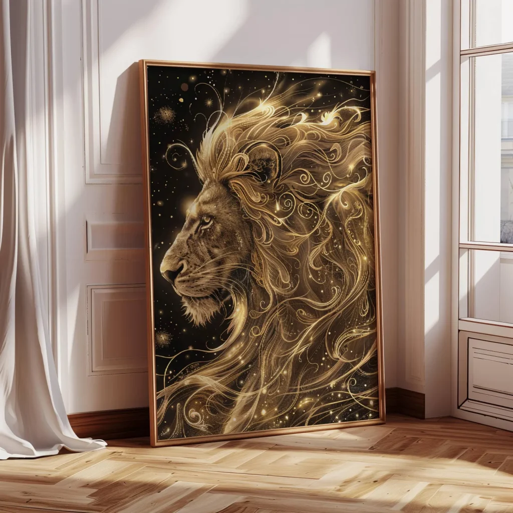 A framed celestial art print featuring a majestic golden lion with a flowing starry mane on a dark background, a striking July birthday gift idea.
