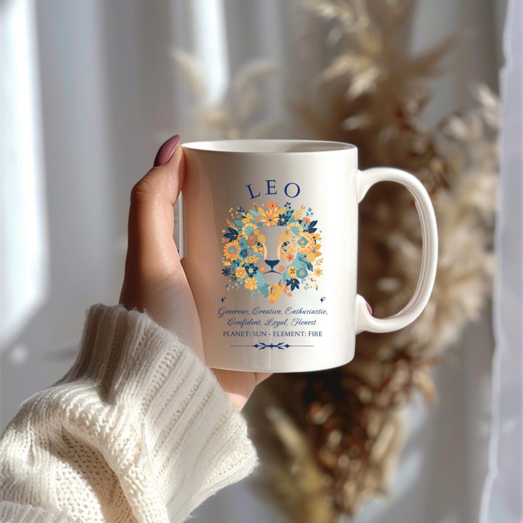 A white ceramic mug printed with a floral lion illustration and Leo zodiac traits, a fun and meaningful August birthday gift idea.