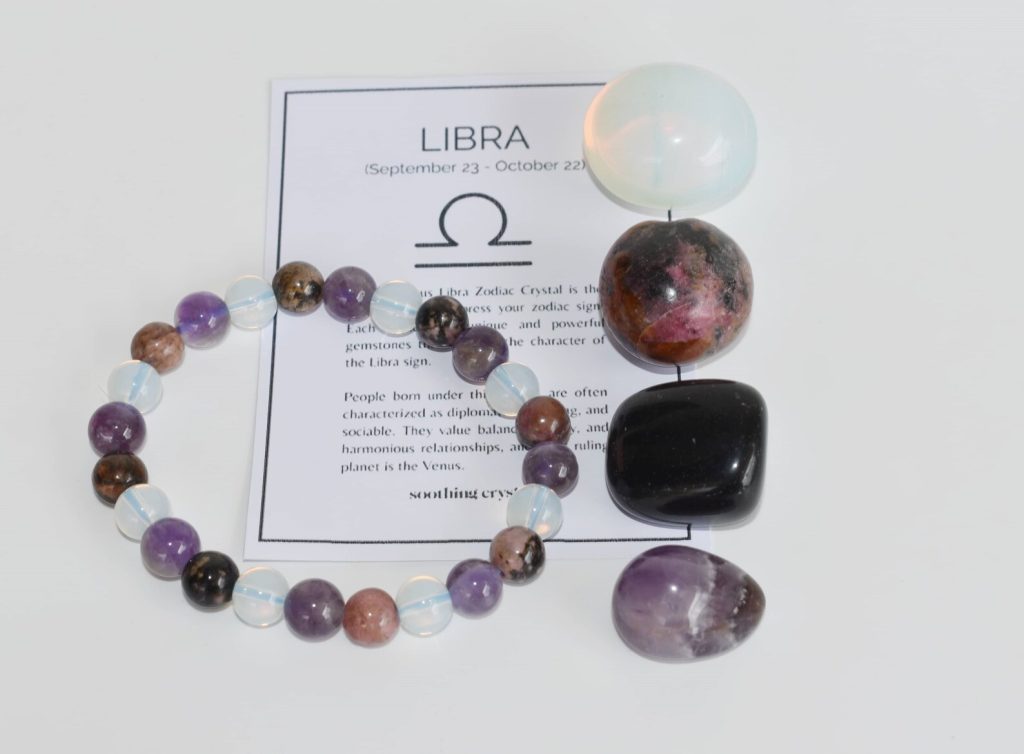 Libra zodiac crystal bracelet with amethyst, opalite, and tumbled stones plus an info card, a soothing choice for September birthday gift ideas.