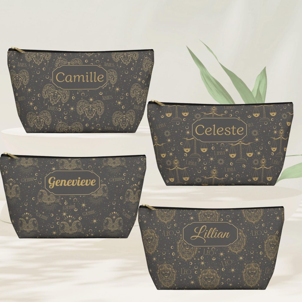 Personalized zodiac makeup bags with gold constellation prints and custom names, a stylish set of September birthday gift ideas.