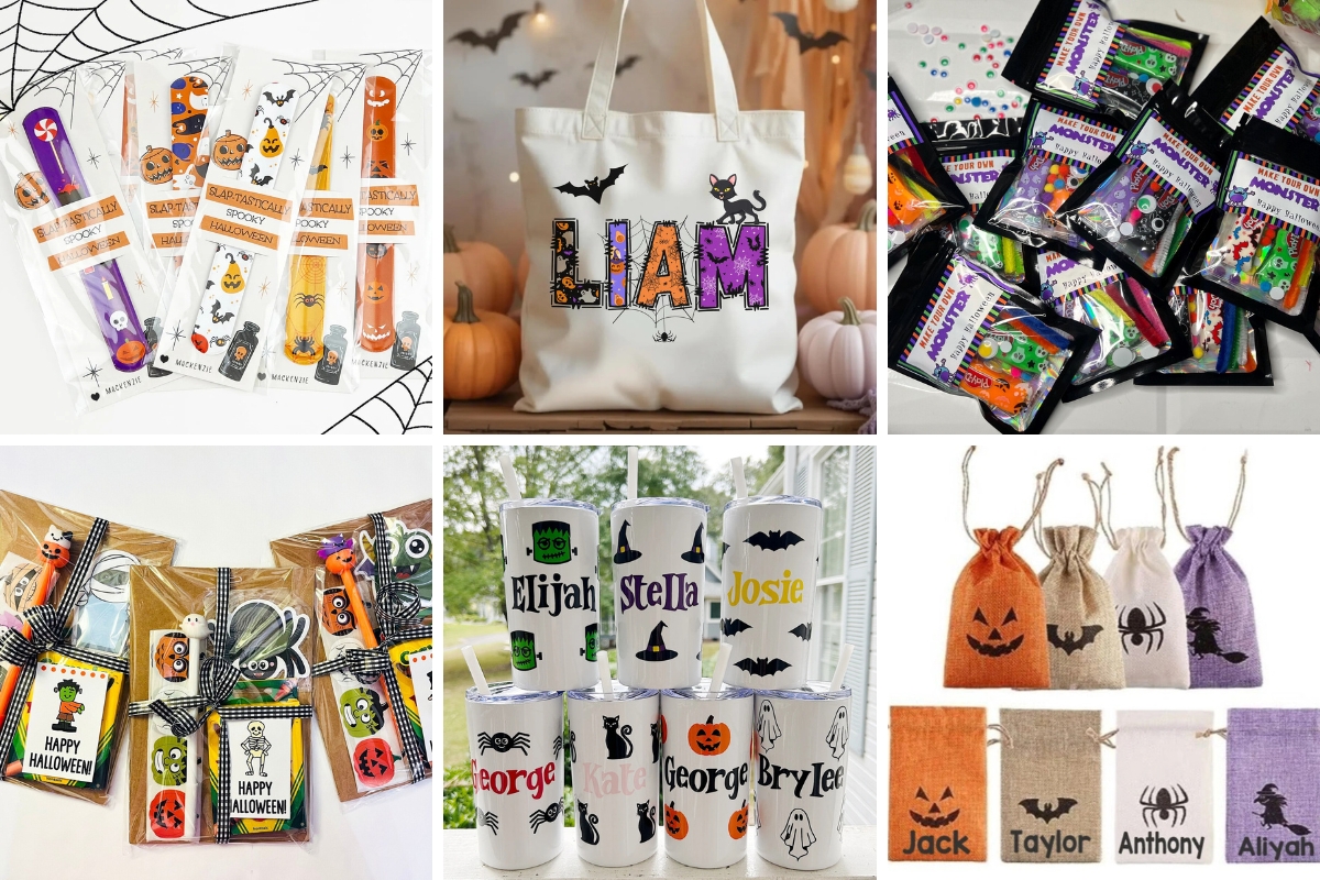 collage of halloween themed party favors from etsy