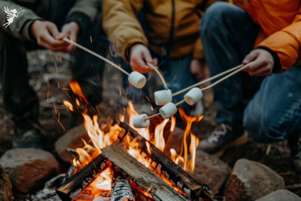 toasting marshmallows in coats over fire