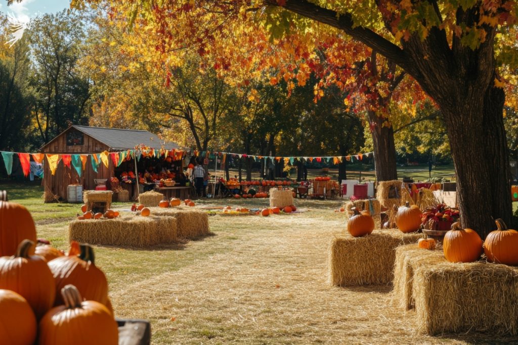 outdoor harvest party pumpkin patch set up before people arrive