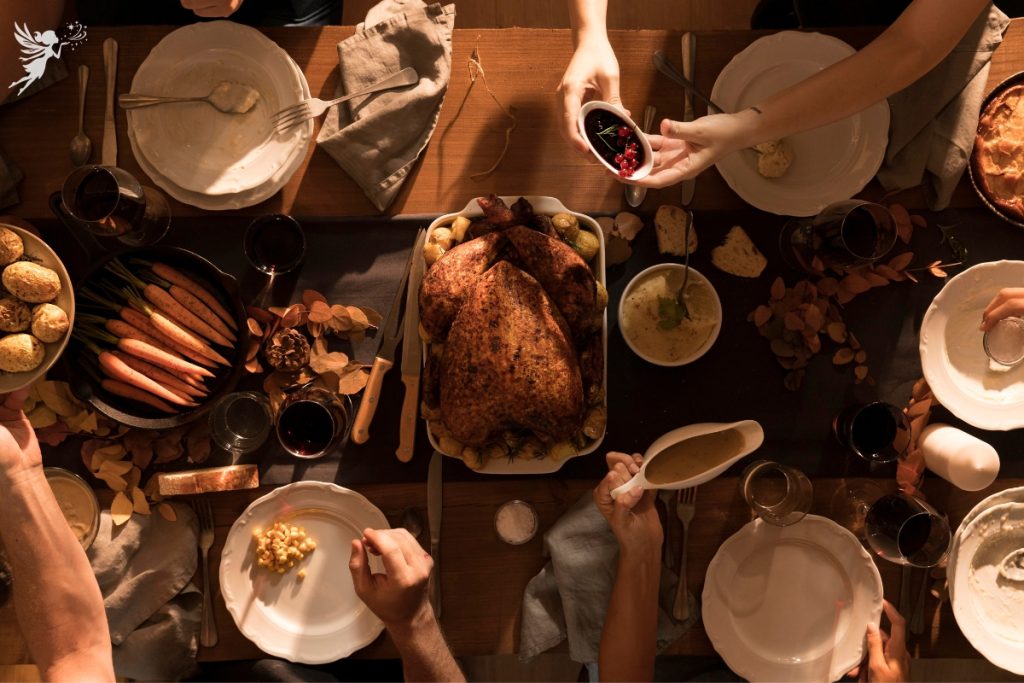 fllatlay of a family turkey feast for thanksgiving