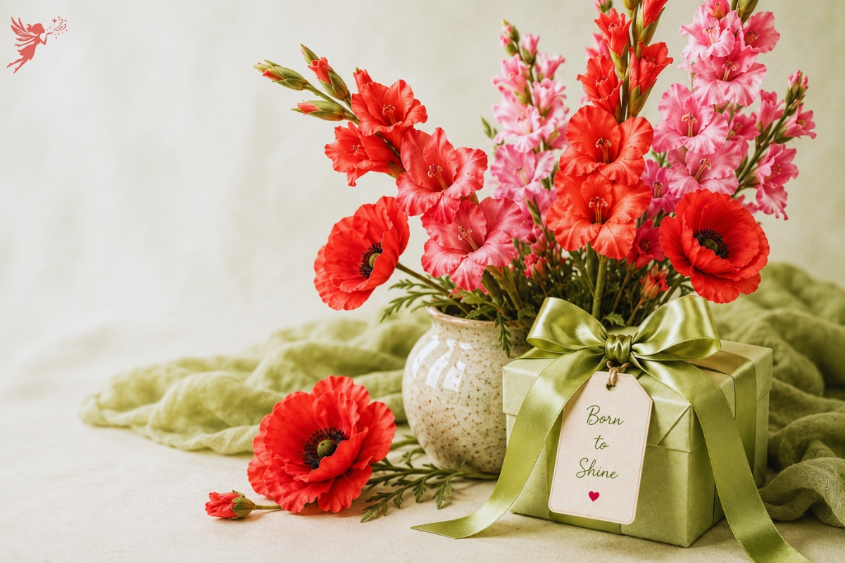 A green gift box with a satin bow beside a ceramic vase of red poppies and pink gladiolus blooms, inspiring beautiful August birthday gift ideas.