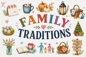 family traditions written in colorful watercolor with watercolor clipart symbolising different events and holidays around the year
