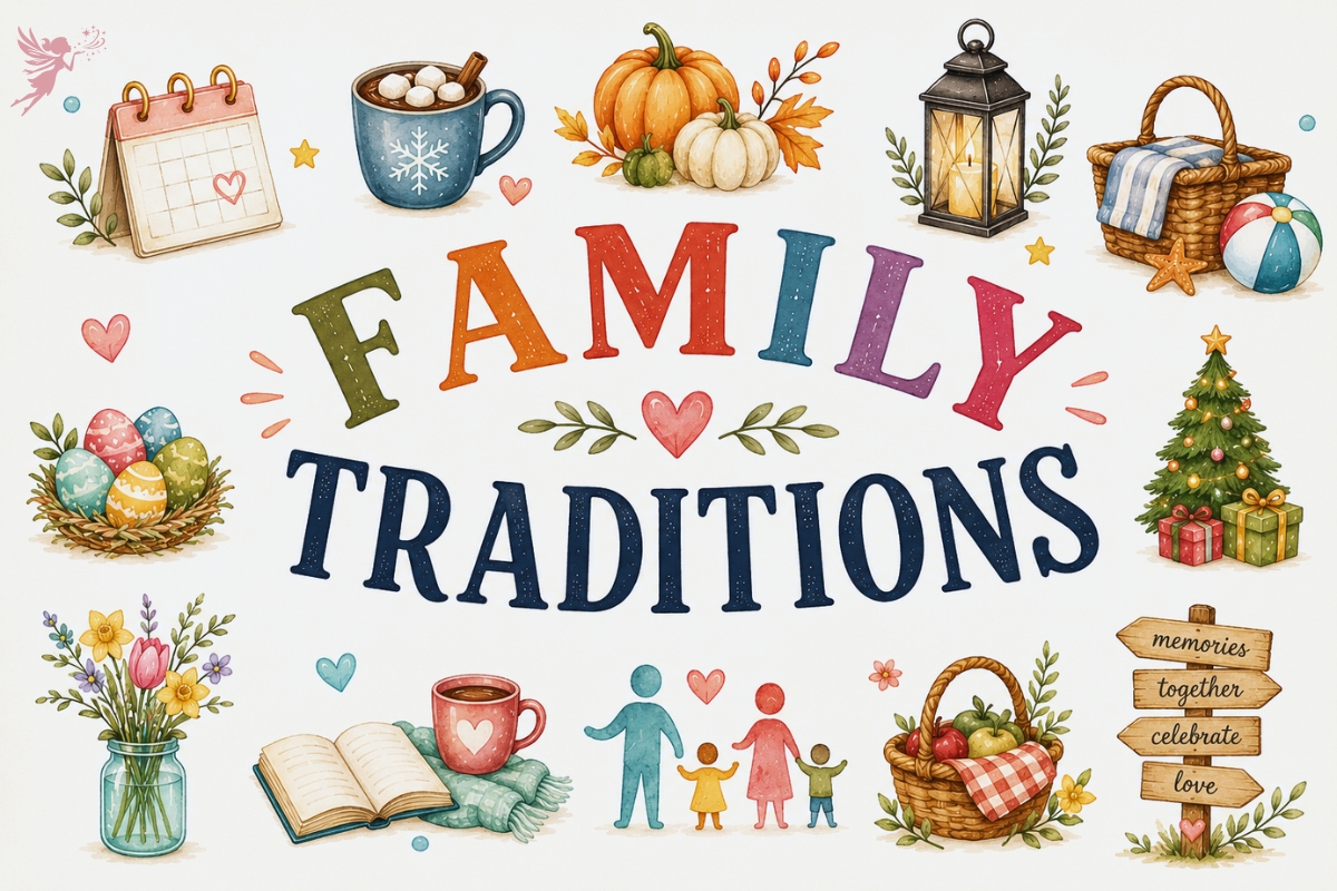 family traditions written in colorful watercolor with watercolor clipart symbolising different events and holidays around the year