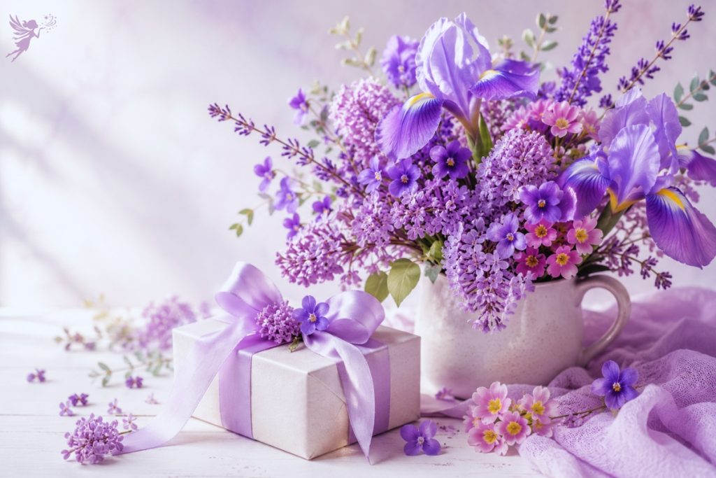 colalge of purple flowers and purple gifts related to February gifting