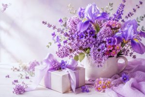 colalge of purple flowers and purple gifts related to February gifting
