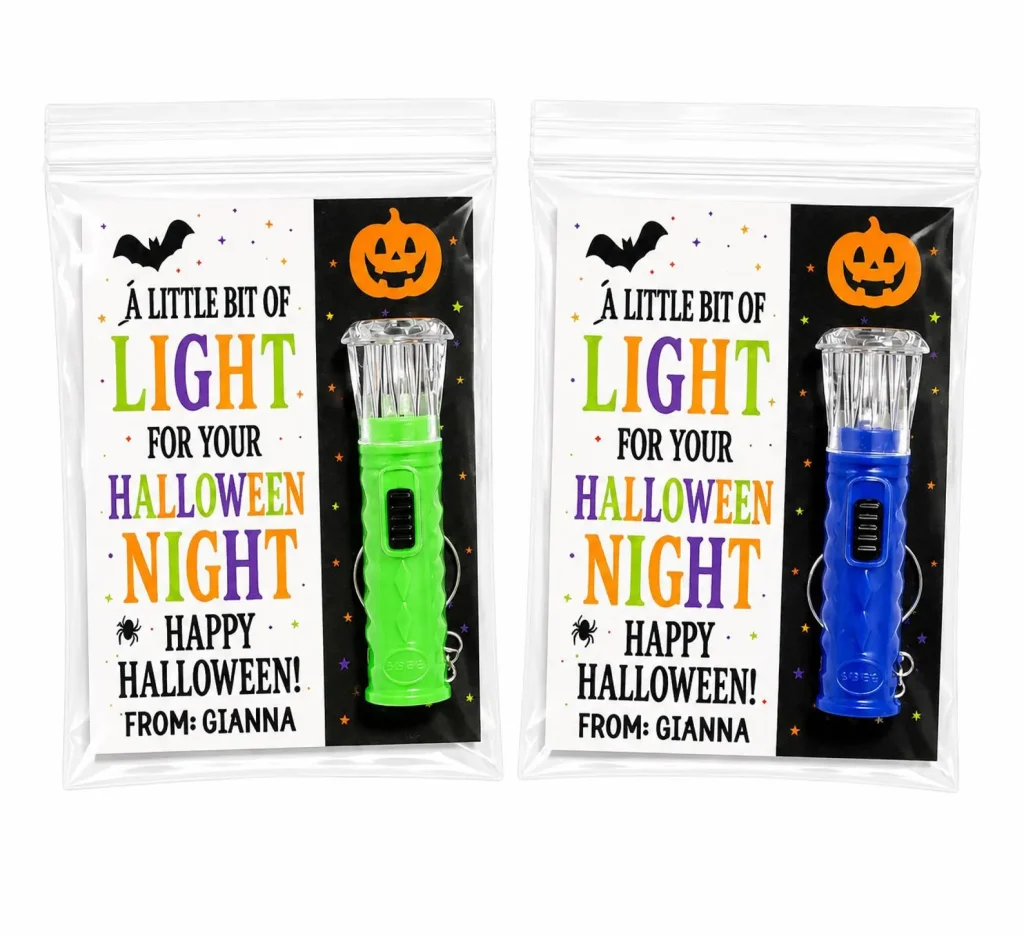 Mini LED torch flashlights in green and blue with "Light for Your Halloween Night" tags, practical and glow-worthy Halloween party favors.