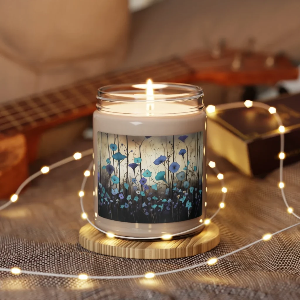 Lit glass candle with a moody blue morning glory floral print, a cozy pick for September birthday gift ideas.