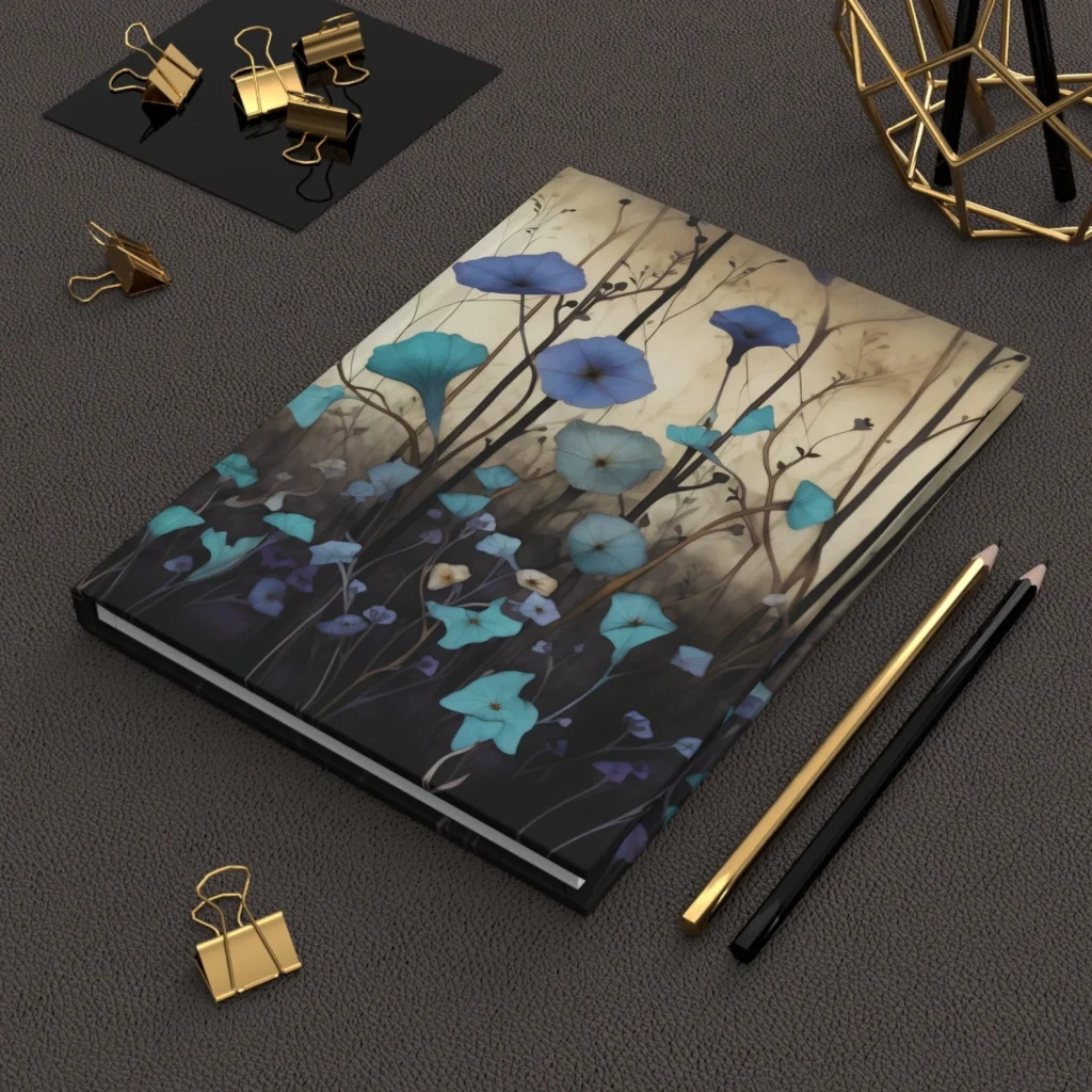 Morning glory floral journal with blue and turquoise blooms on a dark background, an artistic choice for September birthday gift ideas.